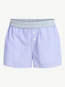 Shorts en coton rayés pour femmes, taille mi-haute, fermeture boutonnée, décontractés, respirants, coupe classique - Product Image 1