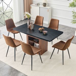 Set Tavolo da Pranzo Allungabile 59-71 Pollici con 6 Sedie Comode in Tessuto Marrone per Sala da Pranzo - Product Image 2