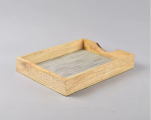 Plateau de rangement de bureau rectangulaire élégant en bois de manguier et incrustations de os, artisanal, moderne, à rayures fines, de luxe - Product Image 4