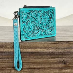 Monedero y Tarjetero de Cuero Genuino de Lujo con Grabado Floral y Cremallera Estilo Western para Mujer, con Correa de Muñeca - Product Image 3