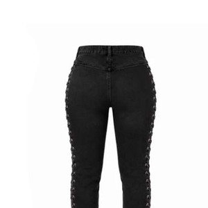 Women's <b>Black</b> Lace up <b>Trousers</b> <b>Skinny</b> <b>Fit</b> Breathable Mid Waist Jeans Side Lace Detail Pull on Casual Streetwear - Product Image 5