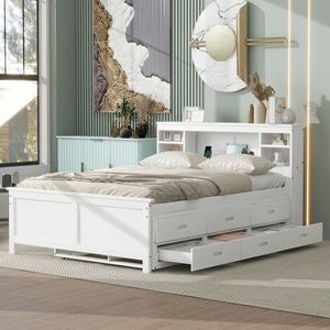 Letto matrimoniale bianco con piattaforma, testiera contenitore, porta USB, letto estraibile singolo e 3 cassetti, letto imbottito - Product Image 2
