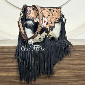 Bolso Bandolera de Cuero Genuino Estilo Western con Flecos, Diseño de Tarjeta, Estilo Vaquero Bohemio, de Gran Venta, Vintage - Product Image 1