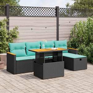 Ensemble de canapés de patio en polyrotin noir et acacia, 6 pièces, avec coussins, ensembles de jardin - Product Image 1