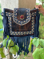 Véritable cuir de vachette fourrure frange sac à main élégant sac à main en cuir cheveux sur cacher jeux pierre bohème sacs faits à la main en inde
