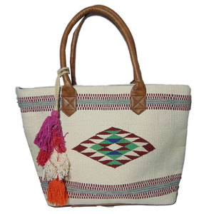 Leather White Handle Handloom White Durries Cotton <b>Handbag</b> Eco Friendly Cotton Tote Bag Handmade Beach Shopping Shoulder Bag - Product Image 1