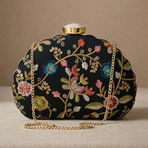 Black Floral Zari Embroidery <b>Clutch</b> Bag Designer Party Handbag for Women <b>Wedding</b> Occasions - Product Image 5
