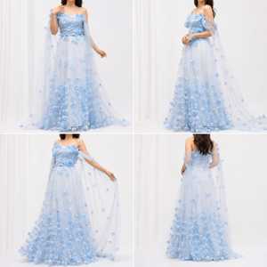 Vestido de Noche Azul Cielo con Apliques Florales 3D en los Hombros, de Satén, Corte A, Cola Capilla, Largo hasta el Suelo, para Mujer, Diseño de Diseñador, para Recepción Nupcial y Fiesta de Gala - Product Image 4