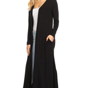 Cárdigan largo de invierno para mujer, negro, de manga larga, estilo Duster, grueso, con frente abierto, maxi, de punto, lana/cachemira, con dobladillo asimétrico, cómodo y casual para capas. - Product Image 5