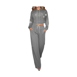 Women's Rhinestone Hoodie Sweatpants Set Gray 2 Piece Casual Loose Fit Full Sleeve Cropped <b>Top</b> With Drawstring Pants - Product Image 1