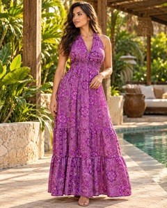 Purple Paisley Print Halter Maxi <b>Swimdress</b> Women Tiered Skirt Beach Poolside Dress 1 Piece Breathable Woven Chiffon Style - Product Image 2