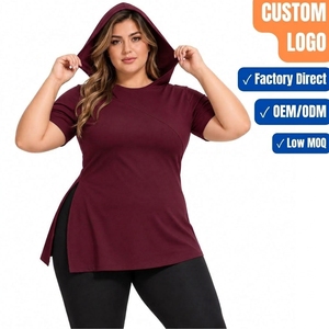 Women's Curve Flattering Hooded <b>Top</b> Asymmetric Seam Short Sleeve Custom Logo - Product Image 1