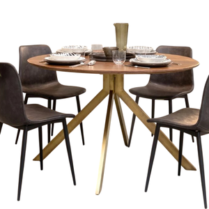 Mesa Redonda de Madera de Mango con Elegante Base de Metal Dorado, Acabado Natural en la Superficie, para Exteriores, 4-6 Personas, Mesa de Comedor para Hogar y Cocina - Product Image 2