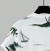 Ensemble t-shirt et short d'été pour hommes, motif imprimé palmier et voilier, tenue décontractée tricotée respirante, col rond, blanc et vert - Product Image 6