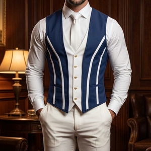 Striped <b>Men's</b> Waistcoat <b>Vest</b> Formal Slim Fit Lace Up Corset Waist Trainer for Wedding Stage <b>White</b> Contrast Panel Designer <b>Vest</b> - Product Image 4