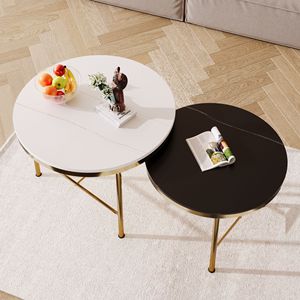 Set di Tavolini da Caffè Moderni a 2 Pezzi, Neri e Bianchi, con Piano in Pietra Sinterizzata e Base Dorata, Misure 60 cm e 45 cm - Product Image 4
