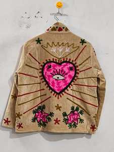 <b>Women</b> Beige Suzani <b>Velvet</b> Jacket Handmade Sacred Heart Embroidery Artisan Boho Statement <b>Coat</b> Ethnic Wholesale Outerwear - Product Image 2