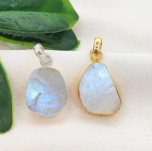 Brass Gold Plated Raw Rainbow Moonstone Gemstone Pendant Charm Handmade Jewelry - Product Image 1