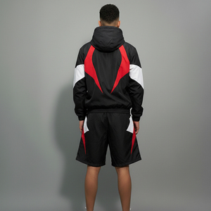 Conjunto Deportivo Informal Transpirable con Capucha para Hombre AFSAR SPORTS, Negro, Rojo y Blanco, Chaqueta y Pantalones Cortos de Poliéster de Secado Rápido - Product Image 3