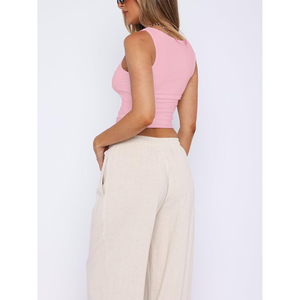 Última Colección 2026: Top Corto Rosa para Mujer con Cuello Cuadrado, Fruncido, de Punto Liso, Sin Mangas, Estilo Casual, ODM OEM - Product Image 2