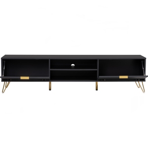 Slim 1.8M <b>Black</b> TV <b>Console</b> with Gold Metal Base for Modern Apartments Mid-Century Wood Media Bench TV Cabinet - Product Image 3