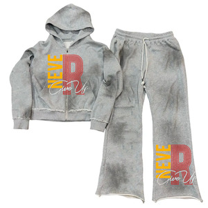 Conjunto de Sudadera con Capucha y Pantalones Deportivos de Felpa Francesa de Algodón Gris para Hombre con Estampado 'Never Give Up', Ropa Casual de Otoño - Product Image 1