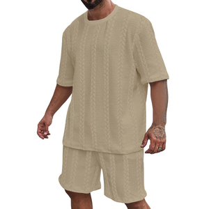Conjunto de Camiseta y Pantalones Cortos para Hombre, Color Beige, Tejido de Punto, Color Sólido, Ropa Casual de Verano, Tela de Algodón Transpirable - Product Image 1