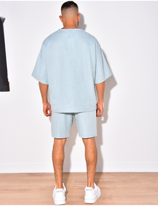 Men <b>2</b>-<b>Piece</b> Solid Casual Twin <b>Set</b> Custom Made <b>White</b> & Black Breathable Summer Short Sleeve T-Shirt & Shorts <b>Set</b> - Product Image 2