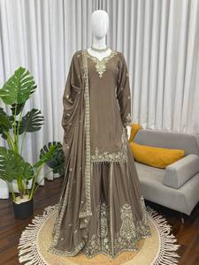 Conjunto de Sharara Salwar Kameez Bordado Marrón, Ropa Étnica para Mujer, Vestido con Dupatta para Bodas y Fiestas - Product Image 1