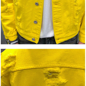 เสื้อแจ็คเก็ตยีนส์สีเหลืองสำหรับผู้ชาย สไตล์ลำลอง ขาดรุ่ย ปกเสื้อพับได้ ทรงปกติ ผ้าฝ้ายทอ ใส่ได้ในฤดูใบไม้ร่วง ติดกระดุมแถวเดียว - Product Image 5