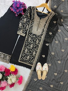 Indian Boutique Designer Black Embroidered Georgette <b>Top</b> With Palazzo And Dupatta Set For Women Traditional Indian Wedding Wear - Product Image 6