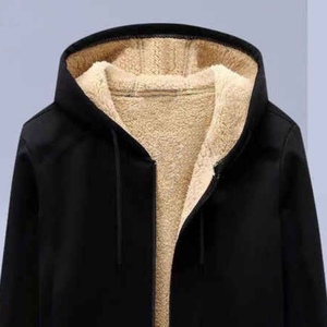 Sweat-shirt à capuche pour homme, fermeture éclair, doublure en polaire, couleur unie, vêtements d'hiver décontractés, coupe régulière avec poche - Product Image 5