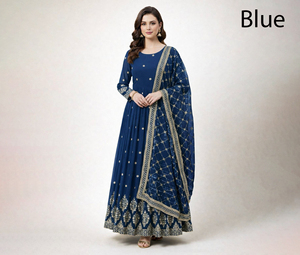 Conjunto de Vestido Salwar Kameez Azul para Mujer, Largo Midi, Tradicional, Bordado, Modal, Corte Holgado, para Bodas y Fiestas, Estilo India Pakistán - Product Image 1