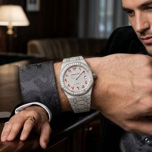 Montre en acier inoxydable pour homme, quartz, entièrement sertie de diamants, calendrier, étanche, luxe, hip-hop, montre-bracelet pour homme d'affaires - Product Image 5