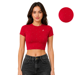 Y2K Style Rhinestone <b>Crop</b> <b>Top</b> Women's Shirts Custom <b>Red</b> Baby Tee Slim Stretch Blouse Streetwear Summer <b>Top</b> OEM Supplier - Product Image 1