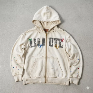 เสื้อฮู้ดซิปผู้ชายผ้าฝ้ายฟอกทรงโอเวอร์ไซส์ ดีไซน์สตรีทแวร์ ลายโลโก้ด้านหน้า ทรงปกติ เสื้อสเวตเชิ้ตลำลองสำหรับฤดูใบไม้ร่วง - Product Image 3