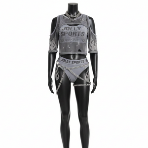 ชุดว่ายน้ำพรีเมียมผ้าโพลีเอสเตอร์ผสมสแปนเด็กซ์สีเทา ผ้าตาข่ายยืดหยุ่น ประดับโลโก้แบบรีดร้อนด้วยคริสตัล สำหรับผู้หญิง - Product Image 1