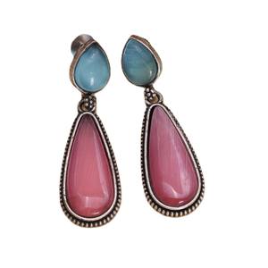 Pendientes Colgantes Boho Étnicos de Latón Plateado Oxidado con Turquesa y Perla Natural Engastada en Bisel, Regalo para Mujer, Fiesta, Arte - Product Image 1