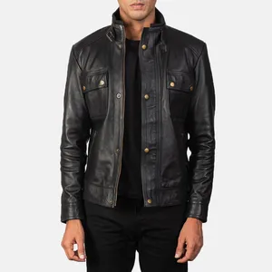 Chaqueta de Cuero para Hombre Darren Black, Estilo Motero, con Cierre de Cremallera, Hecha de Cuero Vacuno 100% Auténtico, para Otoño - Product Image 3