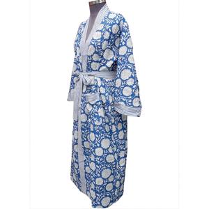 Magnifique Robe Kimono pour Femme, Artisanat en Blocs de Bois d'Inde, Motif Floral, Respirante, Longue, Col en V, 100% Coton, Manches Longues, Ceinture, Séchage Rapide - Product Image 2
