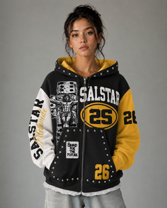 SALSTAR Sweat-shirt à capuche pour femme, noir, jaune, blanc, manches longues, rivets, streetwear, automne, coton, tricoté - Product Image 1