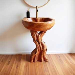 Solid wood bathroom vanity with sink pedestal handmade carved wash basin bathroom organizer decoration - Product Image 3