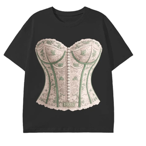 <b>Corset</b> Tee <b>Black</b> Women Fitted Graphic T Shirt Short Sleeve Fashion Top Sorority Inspired Casual Streetwear Stylish Summer - Product Image 1