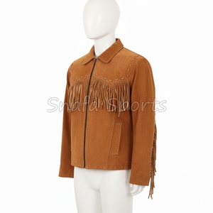 แจ็คเก็ตหนังแท้สไตล์คาวบอยสีน้ำตาลคลาสสิก แต่งขอบด้วยพู่หนัง ตกแต่งด้วยการเย็บแบบละเอียด ปกเสื้อแบบลา펠  มีจำหน่ายแล้ว - Product Image 3