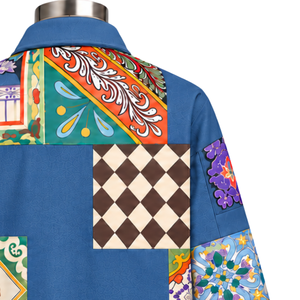 Chaqueta de Trabajo Azul Denim con Mosaico, Estampado Floral Colorido, Cierre de Botones, Estilo Casual Urbano, con Bolsillos Utilitarios - Product Image 5