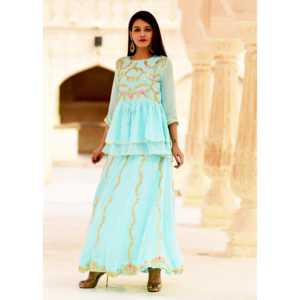 Ensemble Lehenga A-Line Turquoise Fait Main Exclusif Taille XS Taille Empire Imprimé Floral Tissu Organza - Product Image 4