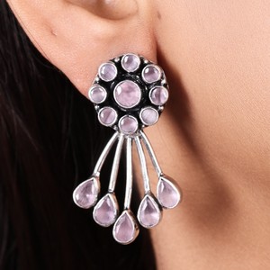 Oxidized Brass Antique Silver Plated Bezel Setting Trendy Pear Cut Quartz Pink Stone Butterfly Drop <b>Earrings</b> Women's Jewelry - Product Image 2