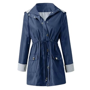 Women Hooded <b>Rain</b> <b>Jacket</b> Drawstring Waist Striped Lined Waterproof Mid Length Outdoor Ladies Coat Navy Red Olive Raincoat - Product Image 1