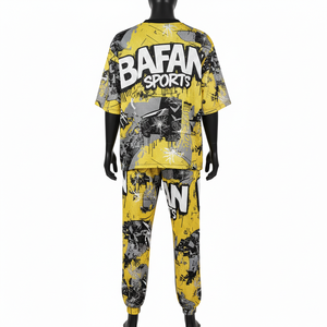 ชุดเสื้อและกางเกงผู้ชาย พรีเมียม โพลีเอสเตอร์ ตาข่าย ระบายอากาศ 180 GSM สีเหลืองดำ ดีไซน์แผงสี  แบบสั่งทำพิเศษ ชุด 2 ชิ้น - Product Image 2