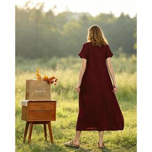 Luxury Burgundy O-Neck Cotton Linen Midi <b>Dress</b> With Short Sleeve Boho Style <b>Loose</b> Fit Summer Casual Daily Wear - Product Image 4